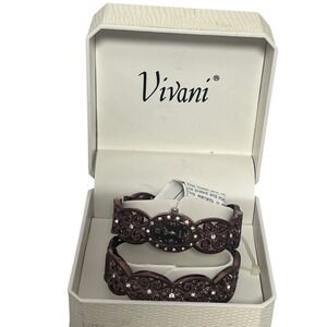 Vivani Women's Quartz Bangle Cuff Wristwatch Brown Tone Rhinestone Oval Dial NEW
